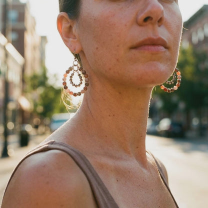 Chili Calcite & Swarovski Crystals Double Rings Earrings on Stainless Steel Ear Wires